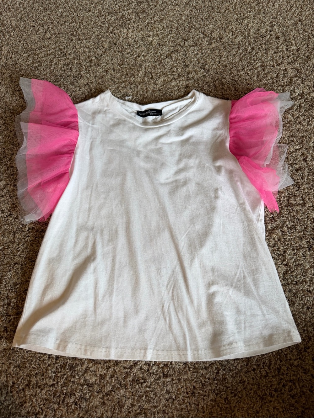 White Tee with Pink Tulle Flutter Sleeves
